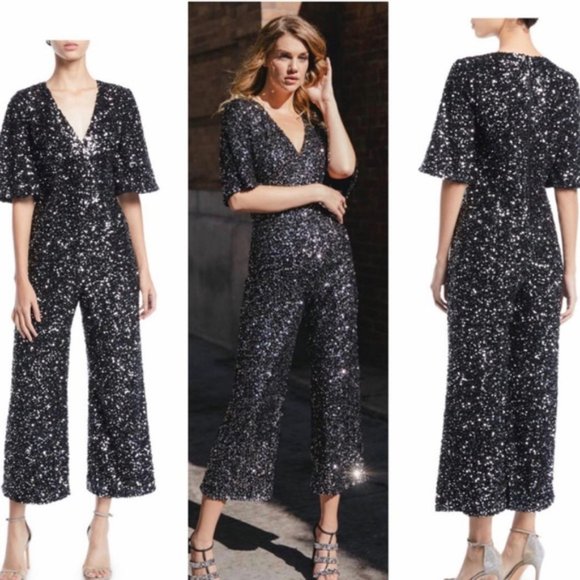 Black Halo Eve Keely Sequin Sparkly Black Jumpsuit size 12